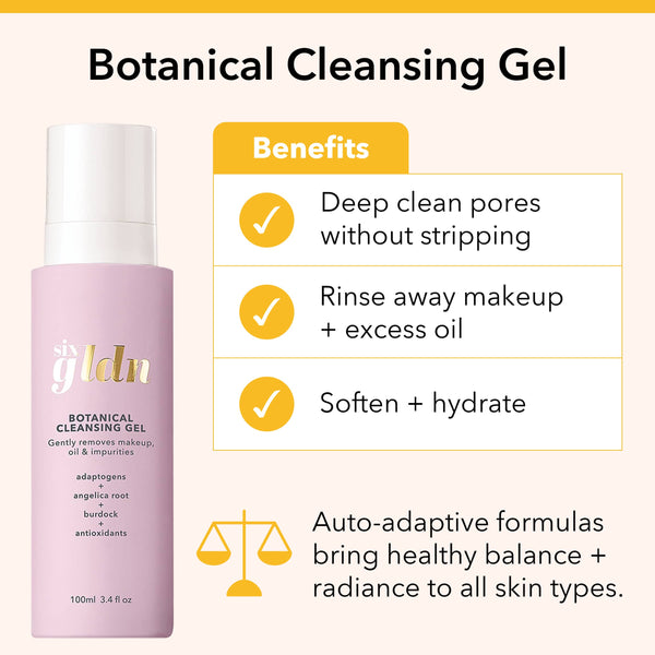 Botanical Cleansing Gel. Deep clean pores without stripping. Rinse away makeup and excess oil. Soften and hydrate skin. Auto adaptive formulas bring healthy balance and radiance to all skin types.